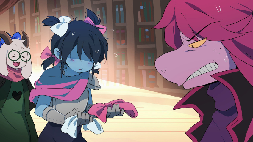 1boy, 1girl, 1other, armor, blue_hair, blue_skin, bow, breastplate, clenched_teeth, closed_eyes, colored_skin, deltarune, flying_sweatdrops, freckles, furry, furry_female, furry_male, glasses, hair_bow, highres, holding, holding_bow_(ornament), indoors, kris_(dark_world)_(deltarune), kris_(deltarune), open_mouth, pauldrons, pink_hair, quad_tails, ralsei, round_eyewear, shaded_face, short_hair, shoulder_armor, susie_(dark_world)_(deltarune), susie_(deltarune), sweat, teeth, upper_body, uri_(365mimimi), utdr_(toby_fox)
