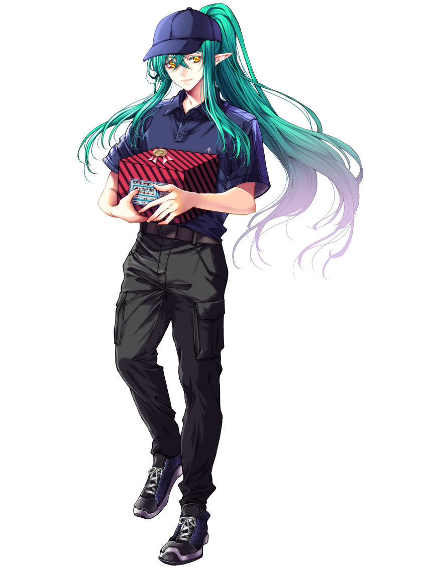 1boy, baseball_cap, black_pants, black_shoes, box, dairoku_ryouhei, elf, gift