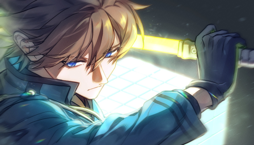 1boy, absurdres, black_background, black_gloves, blue_eyes, brown_hair, cube, energy_sword