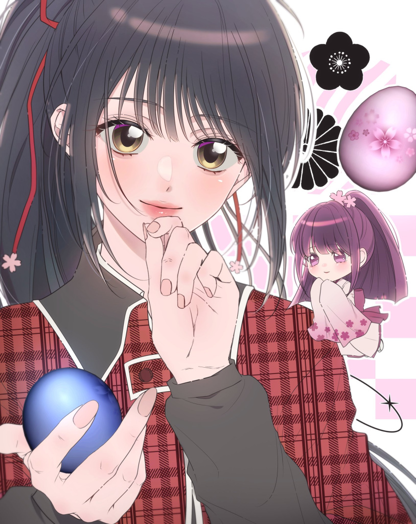 1boy, 1girl, black_hair, blunt_bangs, capelet, closed_mouth, flower, fujisaki_nadeshiko