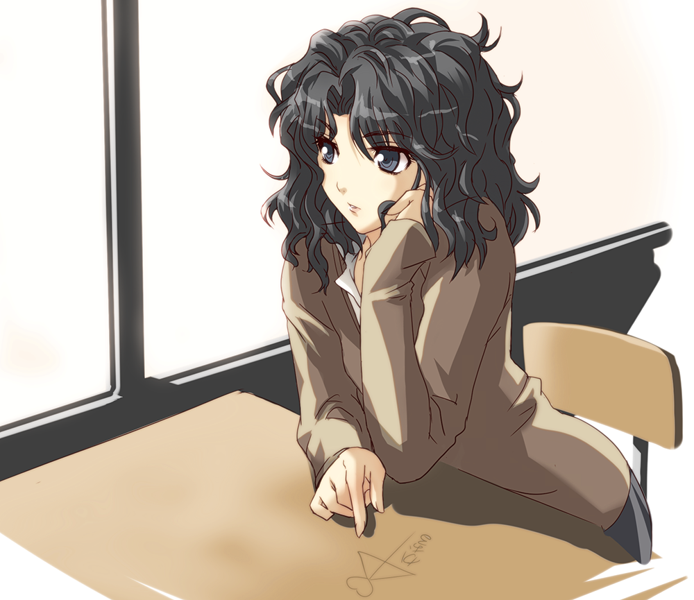 amagami, black_eyes, black_hair, chair, chin_rest, makisige, messy_hair, school_desk