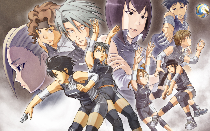 6+boys, 6+girls, bare_shoulders, black_eyes, black_hair, blunt_bangs, bob_cut, brown_hair