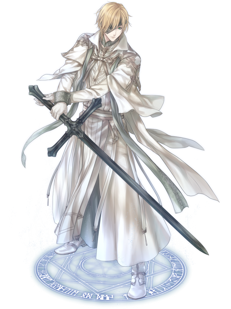 1boy, alfiedo_krofi, blonde_hair, dairoku_ryouhei, eyepatch, fighting_stance, green_eyes, hair_over_one_eye, holding, holding_sword, holding_weapon, magic_circle, male_focus, robe, shoes, solo, standing, standing_on_magic_circle, sword, transparent_background, weapon, white_robe, white_shoes, yumemurasaki