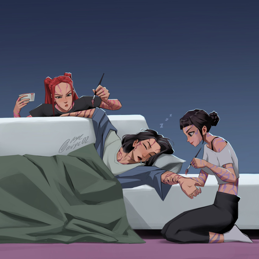 3girls, avyc02, black_hair, blunt_bangs, body_markings, celine_(kpop_demon_hunters), closed_eyes, commentary