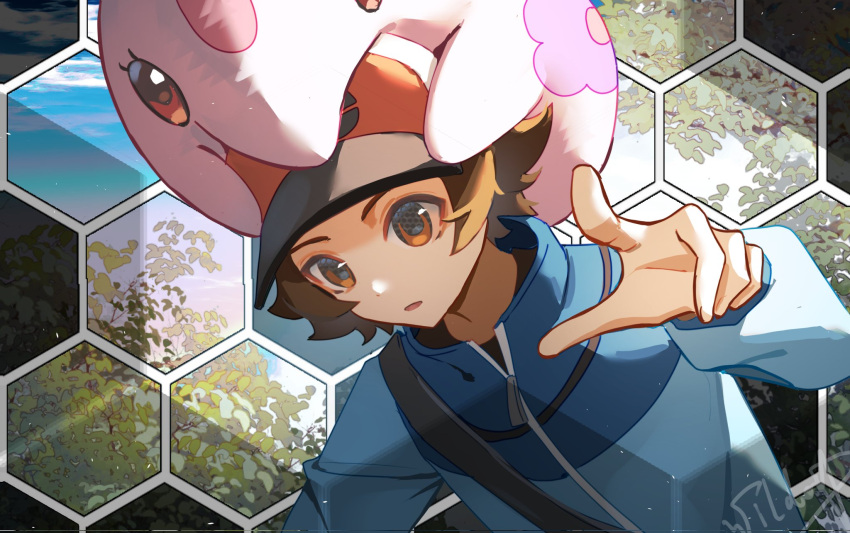 1boy, bag, baseball_cap, blue_jacket, brown_eyes, brown_hair, floral_print, hat