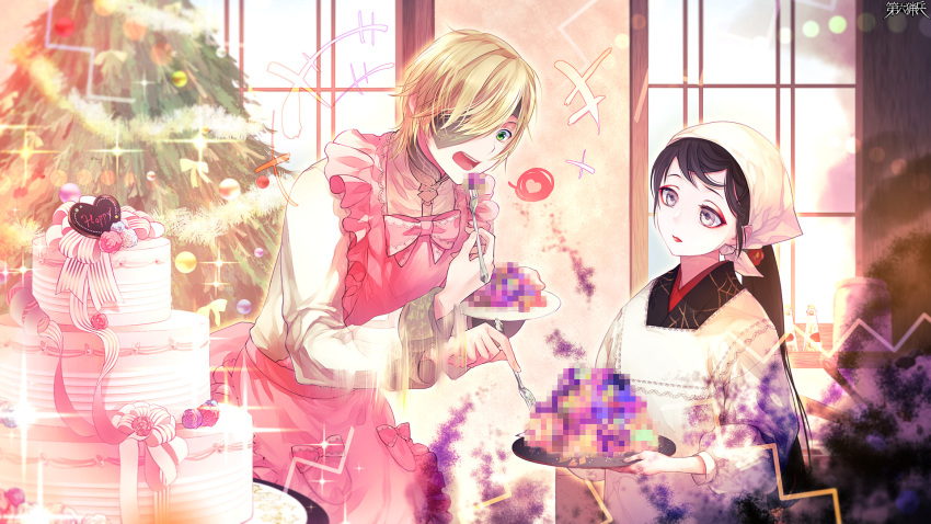 1boy, 1girl, alfiedo_krofi, apron, black_hair, blonde_hair, cake, censored, censored_food, christmas, christmas_tree, copyright_name, dairoku_ryouhei, day, del_depths, eating, eyepatch, food, fork, green_eyes, grey_eyes, hat, heart, highres, holding, holding_fork, indoors, japanese_clothes, kimono, lipstick, long_hair, long_sleeves, makeup, miasma, motion_blur, pale_skin, pink_apron, ponytail, shirt, sparkle, spoken_heart, uraku_tamaki, white_hat, white_shirt, window