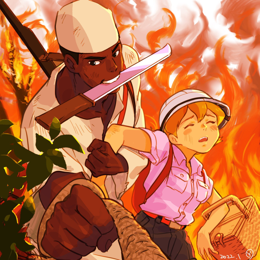 1boy, 1girl, backpack, bag, basket, belt, black_eyes, black_hair, black_shorts, blonde_hair, breast_pocket, brown_bag, closed_eyes, collared_shirt, commentary, daisougen_no_chiisana_tenshi:_bush_baby, dark-skinned_male, dark_skin, dated, dress_shirt, fire, hat, helmet, highres, holding, holding_basket, holding_rope, jacqueline_rhodes, knife, knife_in_mouth, kufi_(hat), locked_arms, looking_at_viewer, outdoors, pants, picnic_basket, pith_helmet, plant, pocket, red_belt, rope, sakai_yume, shirt, shirt_tucked_in, short_hair, short_sleeves, shorts, signature, standing, steam, teeth, tembo_murumbi, white_hat, white_pants, white_shirt