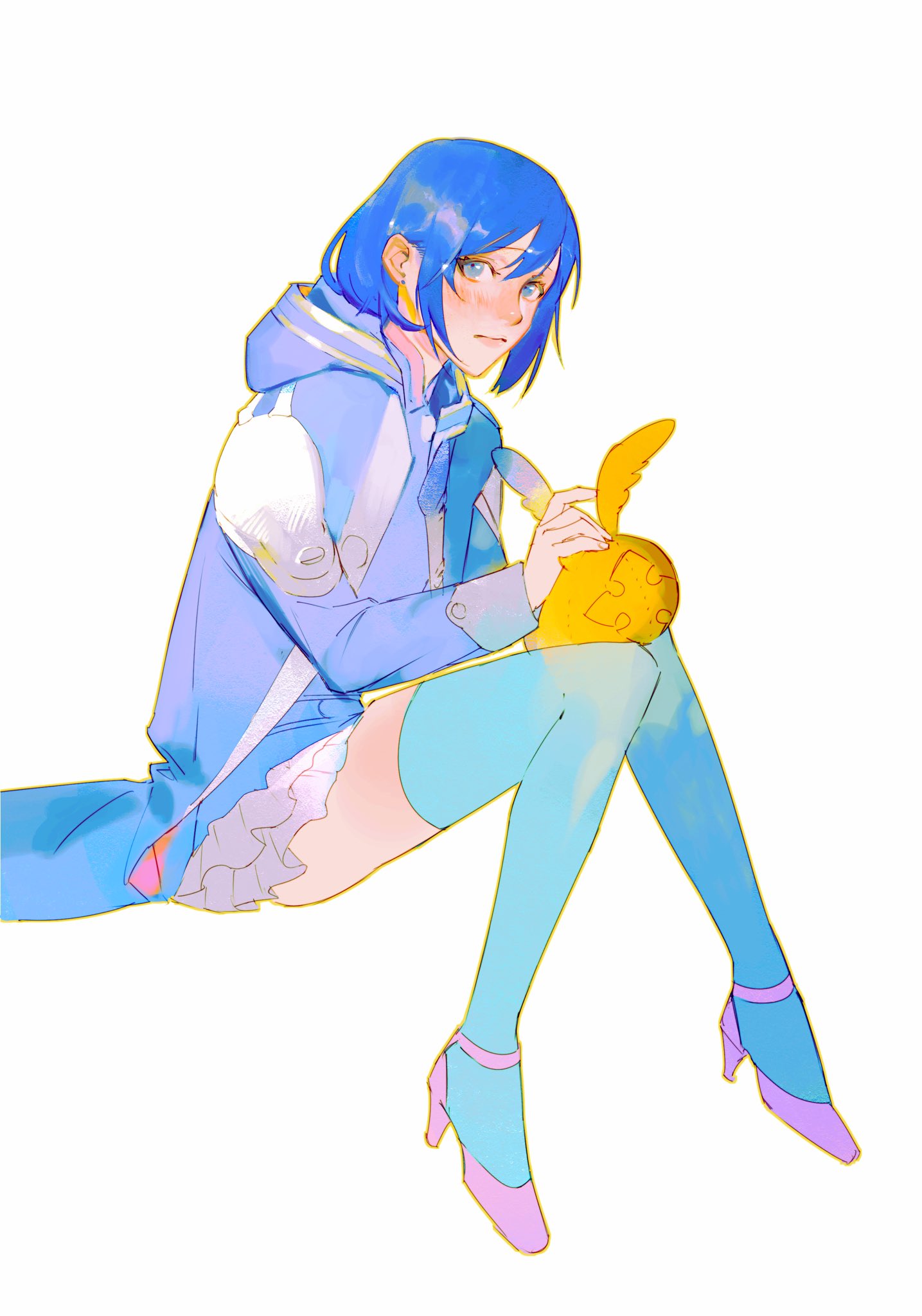 1girl, belt, black_order_uniform, blue_eyes, blue_theme, blue_thighhighs, blush, bob_cut