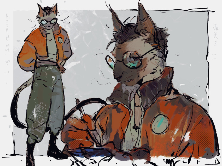 1boy, animal_ears, arms_behind_back, black_hair, black_shoes, border, brown_eyes, cat_boy
