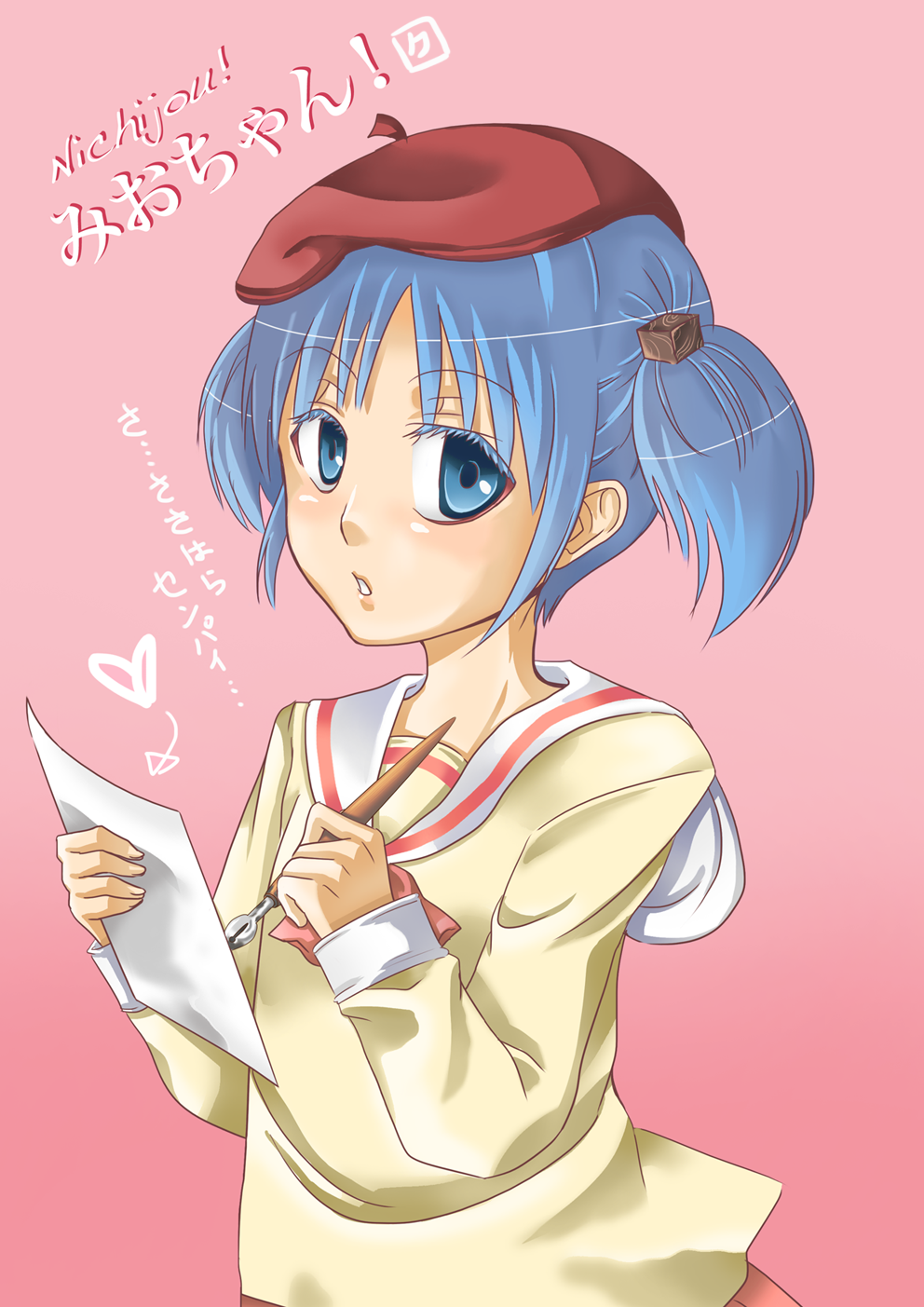 blue_eyes, blue_hair, colored_eyelashes, g-pen, hair_cubes, hair_ornament, hat, heart