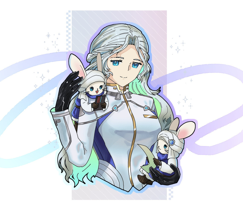 1girl, 2others, allagan_tomestone, alternate_costume, animal_ears, black_gloves, blue_eyes, chibikemo