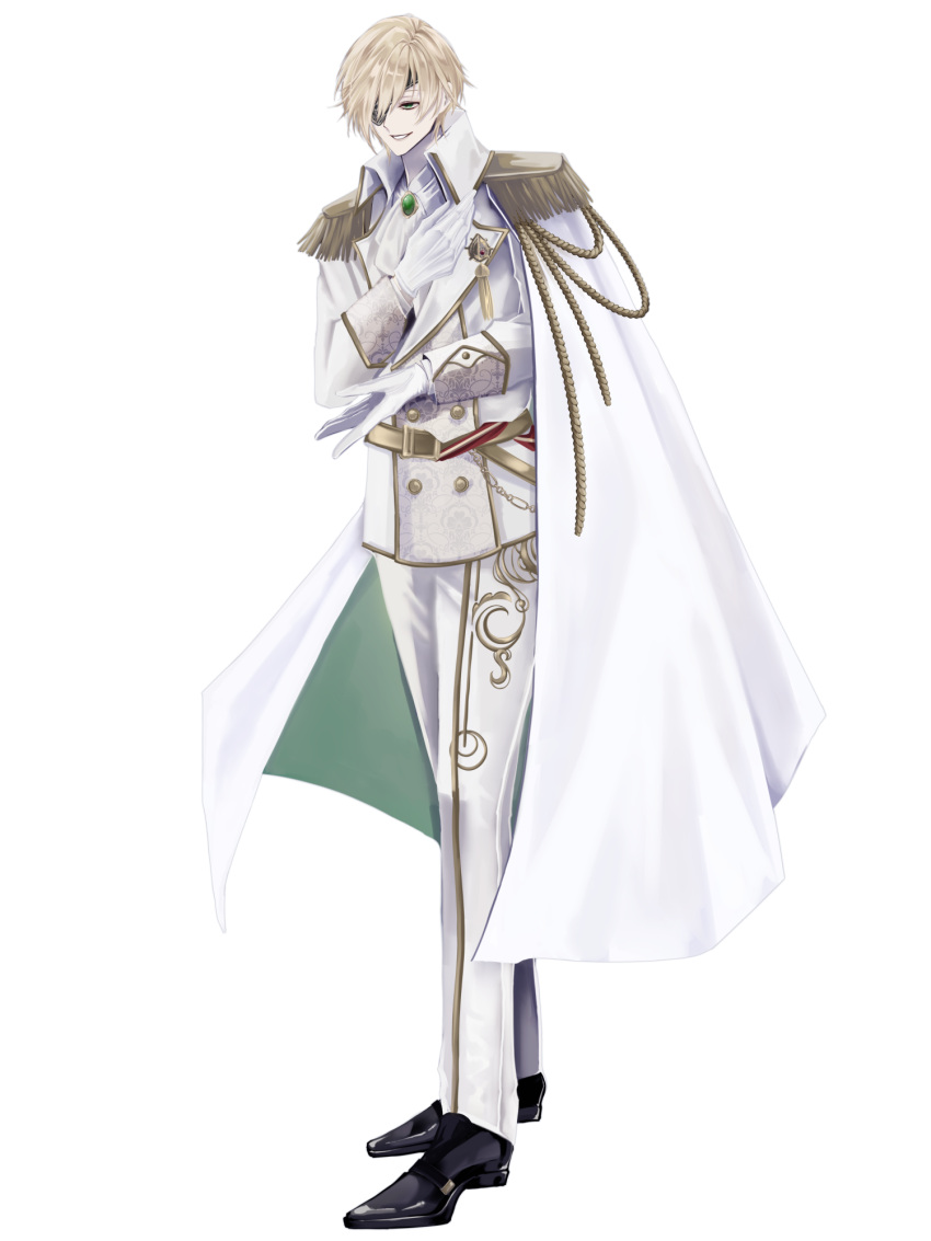 1boy, aiguillette, alfiedo_krofi, ascot, black_shoes, blonde_hair, cape, dairoku_ryouhei