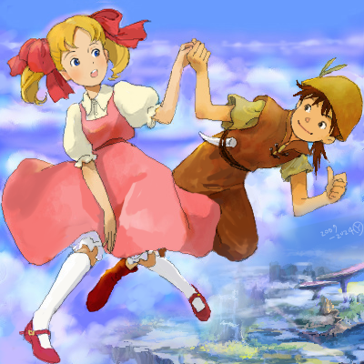1boy, 1girl, belt, black_belt, black_eyes, blue_eyes, blue_sky, boots, bow, brown_pants, brown_shirt, closed_mouth, clouds, collared_shirt, commentary, dated, dress, floating, green_hat, green_shirt, hair_bow, hat, holding_hands, horn_(instrument), kneehighs, lowres, mary_janes, open_mouth, outdoors, pants, peter_pan_(novel), peter_pan_(novel_character), peter_pan_no_bouken, pinafore_dress, pink_dress, pink_shoes, pointing, pointing_at_self, ponytail, puffy_short_sleeves, puffy_sleeves, red_boots, red_bow, sakai_yume, shirt, shirt_under_shirt, shoes, short_hair, short_ponytail, short_sleeves, short_twintails, signature, sky, sleeveless, sleeveless_dress, smile, socks, teeth, twintails, upper_teeth_only, wendy_darling, white_shirt, white_socks