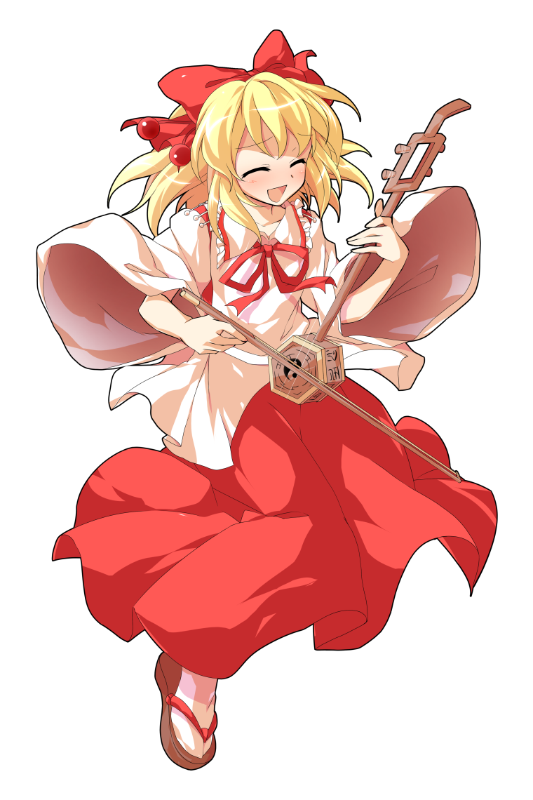 1girl, alphes_(style), blonde_hair, blush, bow, commentary_request, dairi, erhu