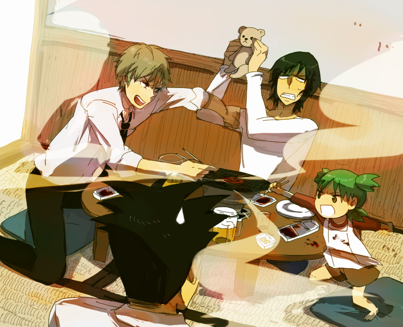 adult, child, chopsticks, clenched_teeth, duralumin, food, jumbo, koiwai_yotsuba