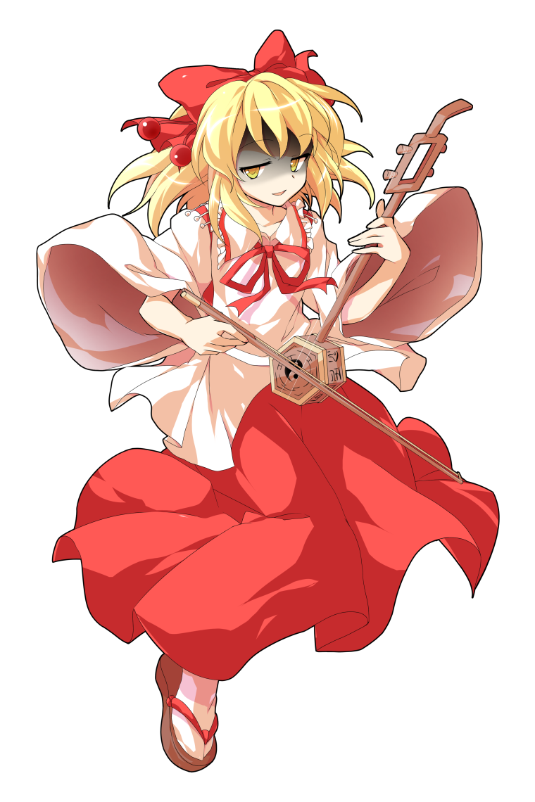 1girl, alphes_(style), blonde_hair, bow, commentary_request, dairi, erhu, full_body