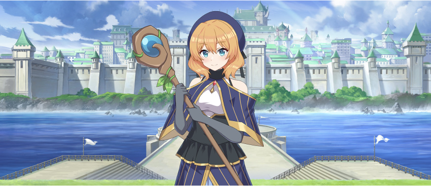 1girl, beret, black_corset, black_gloves, blonde_hair, blue_capelet, blue_eyes, blue_hat