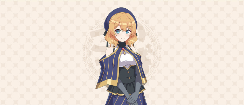 1girl, beret, black_corset, black_gloves, blonde_hair, blue_capelet, blue_eyes, blue_hat