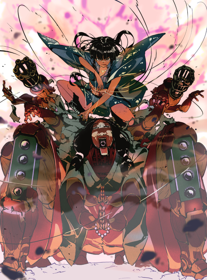 beads, black_hair, gatling_gun, gun, hands_together, highres, huge_weapon, japanese_clothes