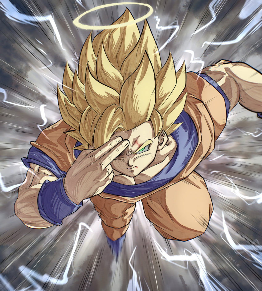 1boy, absurdres, blonde_hair, blue_sash, blue_shirt, blue_wrist_cuffs, dougi, dragon_ball