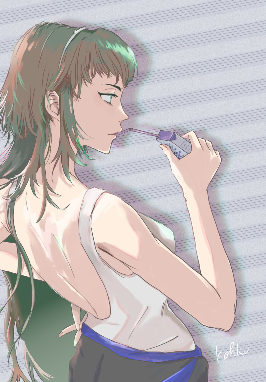 1girl, artist_name, backless_shirt, bell_epoque, belt, black_pants, blue_belt, breasts