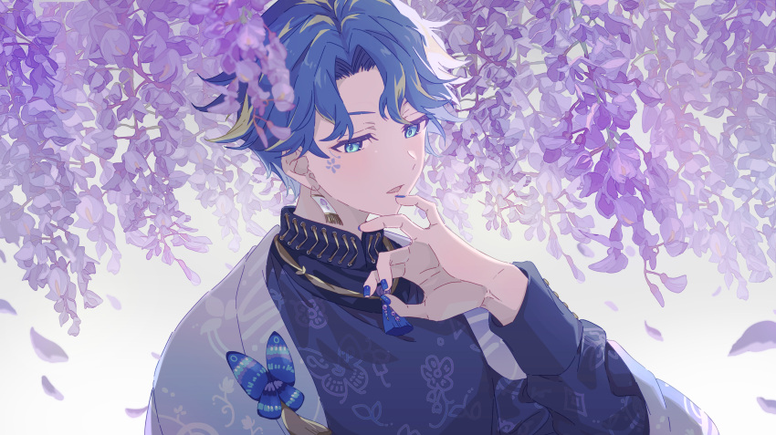 1boy, absurdres, alternate_costume, animal_print, aqua_eyes, astel_leda, blonde_hair, blue_hair