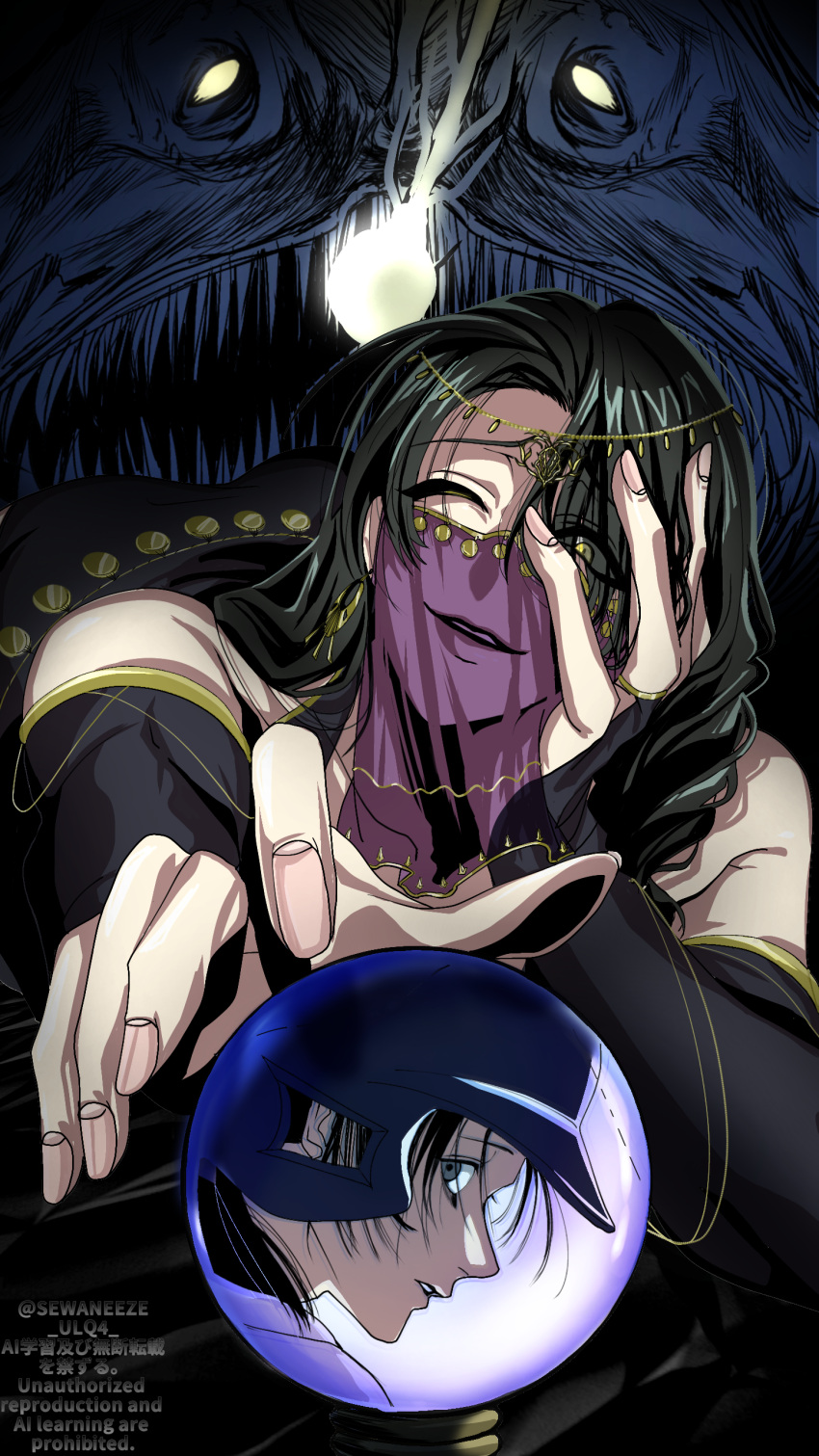 2boys, absurdres, anglerfish, arabian_clothes, bare_shoulders, baseball_helmet, black_hair, commentary_request