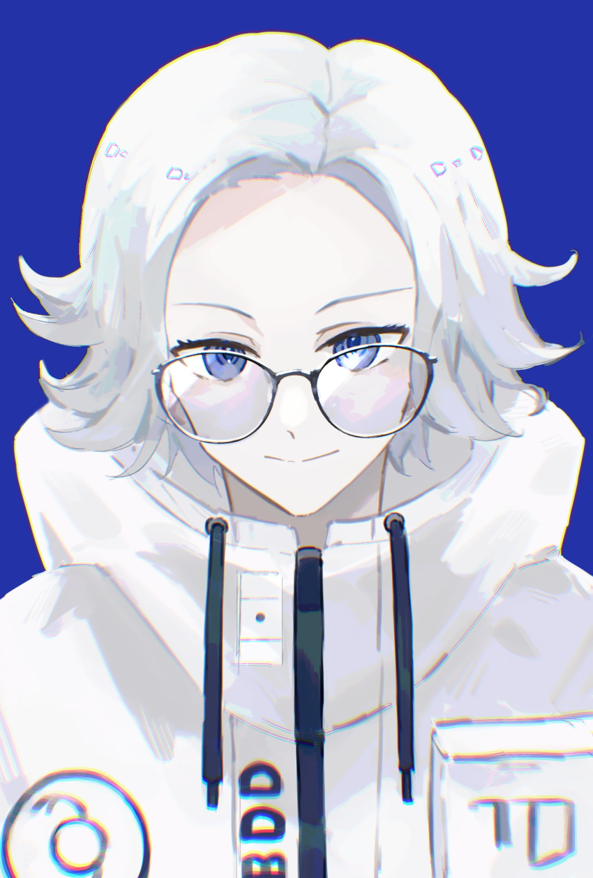 1boy, aotsuki_eito, asako_(pixiv_5702576), blue_background, blue_eyes, breast_pocket, chromatic_aberration, drawstring