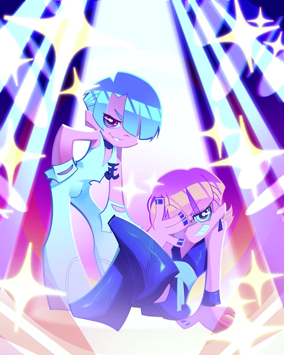 2boys, black_jumpsuit, black_nails, blue_eyes, blunt_bangs, brothers, bulge, earrings, gloves, grin, highres, jewelry, jumpsuit, leaning_forward, male_focus, multiple_boys, panty_&amp;_stocking_with_garterbelt, pink_hair, polyester_(psg), polyurethane_(psg), purple_hair, siblings, sitting, sleeveless_jumpsuit, smile, spotlight, ultib247, white_gloves, white_jumpsuit