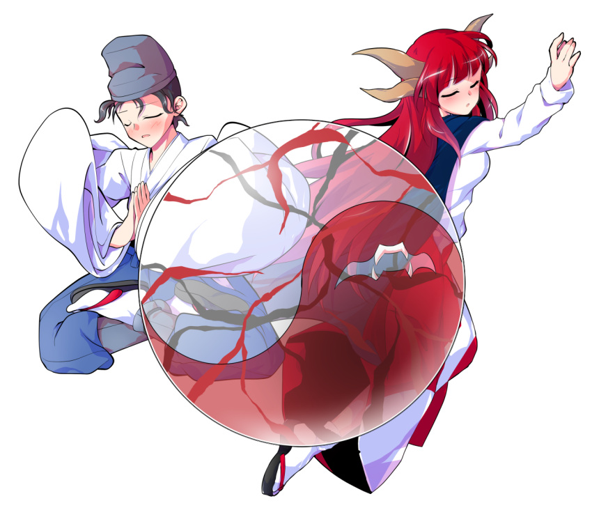 1boy, 1girl, alphes_(style), black_hair, blue_cape, blue_hat, blue_pants, blush