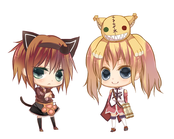 a_(pivot-nitidokui), alternate_costume, animal_ears, anise_tatlin, anise_tatlin_(cosplay), bad_id, binoculars, black_eyes, blonde_hair, brown_hair, cat_ears, cat_tail, chibi, cosplay, doll, multiple_girls, patty_fleur, rita_mordio, short_hair, tail, tales_of_(series), tales_of_the_abyss, tales_of_vesperia, thigh-highs, thighhighs, tokunaga