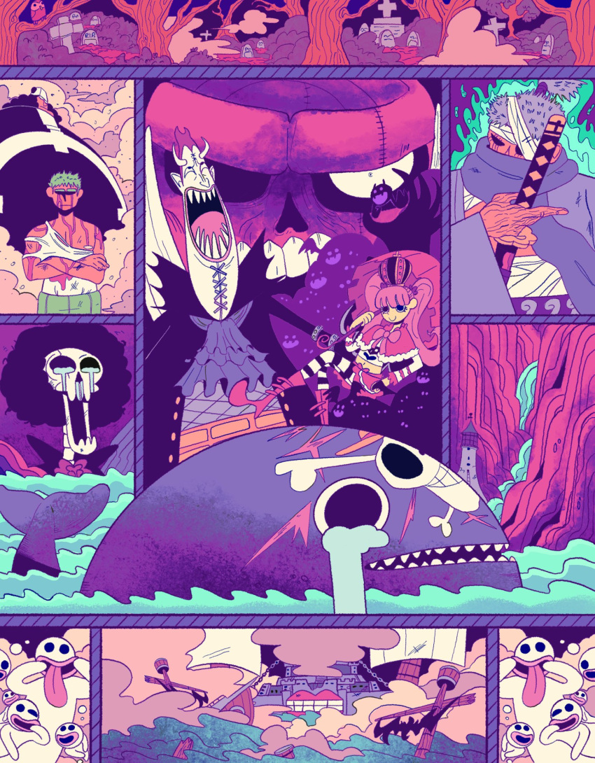 afro, bartholomew_kuma, boots, brook_(one_piece), commentary, crossed_arms, crown, do0dledan