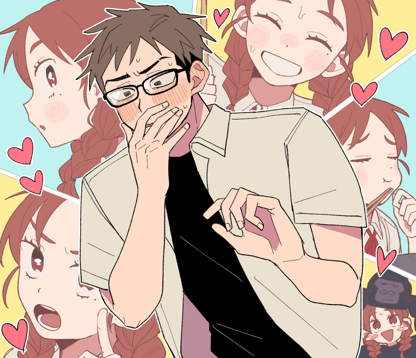 1boy, 1girl, :t, @_@, ^_^, black-framed_eyewear, black_hair, black_undershirt