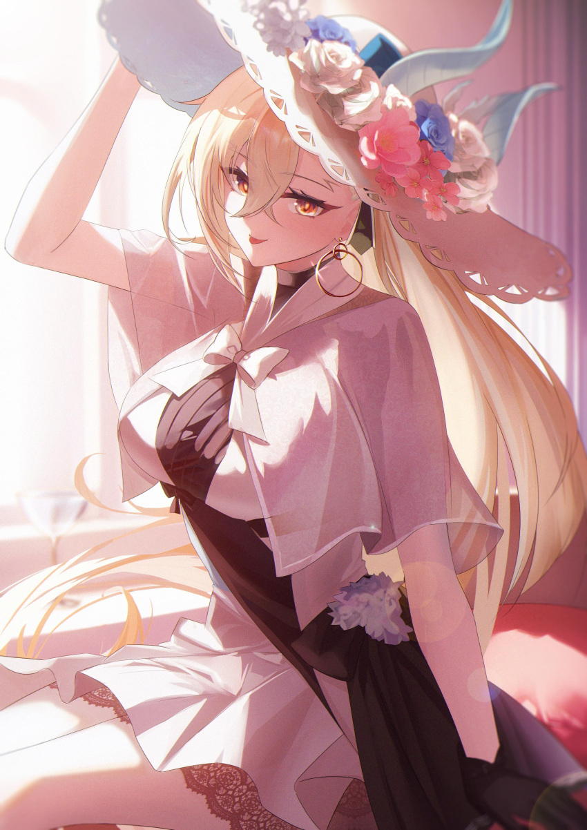 1girl, absurdres, black_gloves, blue_flower, blue_rose, blush, breasts, commentary_request