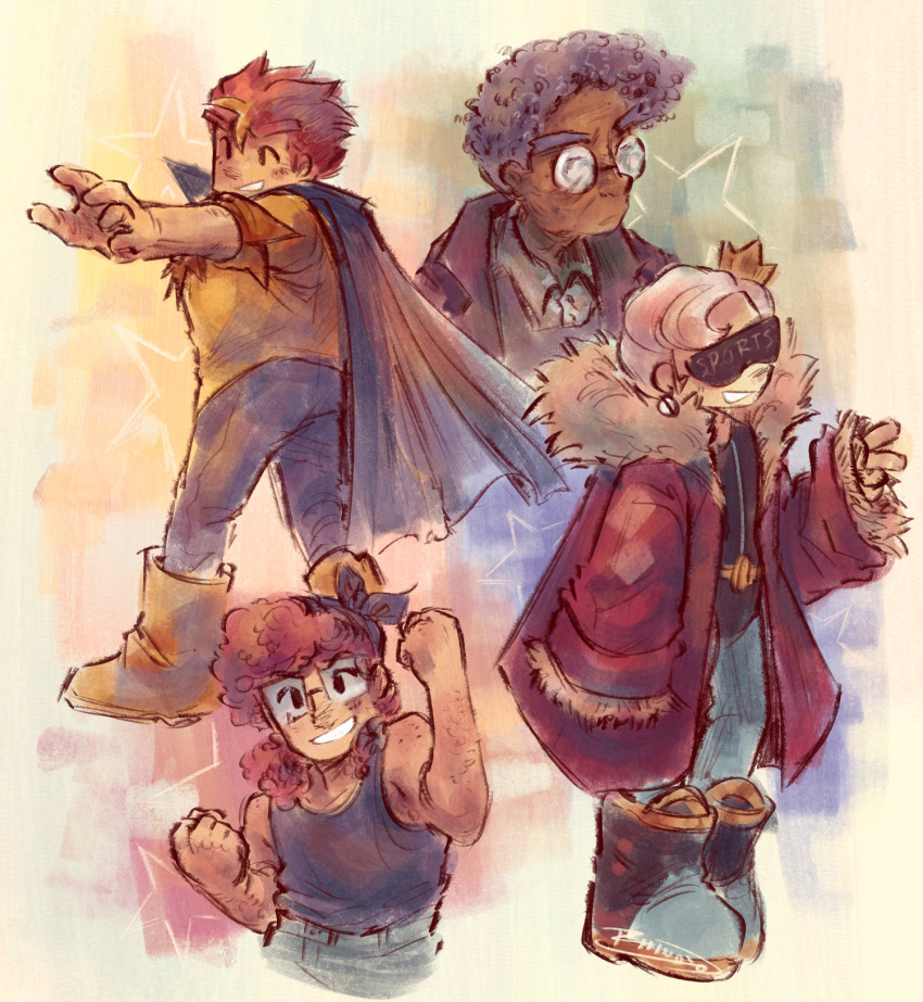 1girl, 1other, 2boys, beastieball, boots, cape, celia_(beastieball), coat