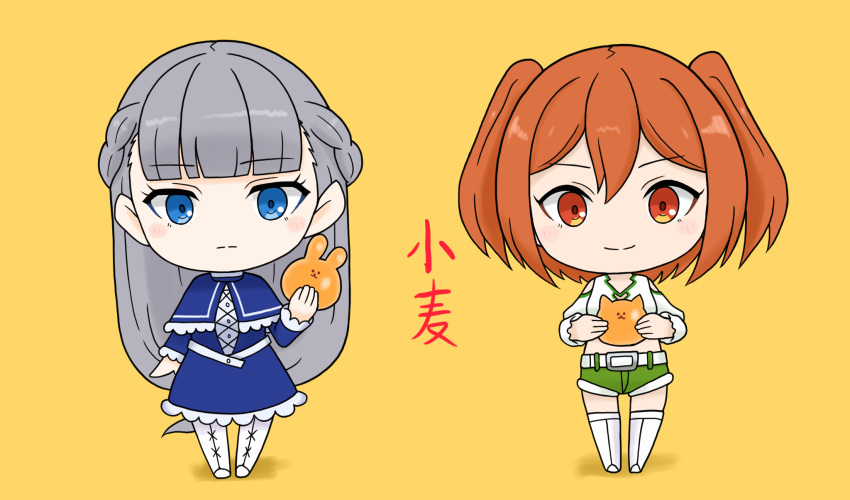 2girls, blue_dress, blue_eyes, blunt_bangs, braid, capelet, chibi, dress, food, frilled_dress, frills, grey_hair, highres, holding, holding_food, kanne_(sousou_no_frieren), lawine_(sousou_no_frieren), long_hair, multiple_girls, orange_eyes, orange_hair, otamajack, short_twintails, shorts, side_braids, smile, sousou_no_frieren, twintails
