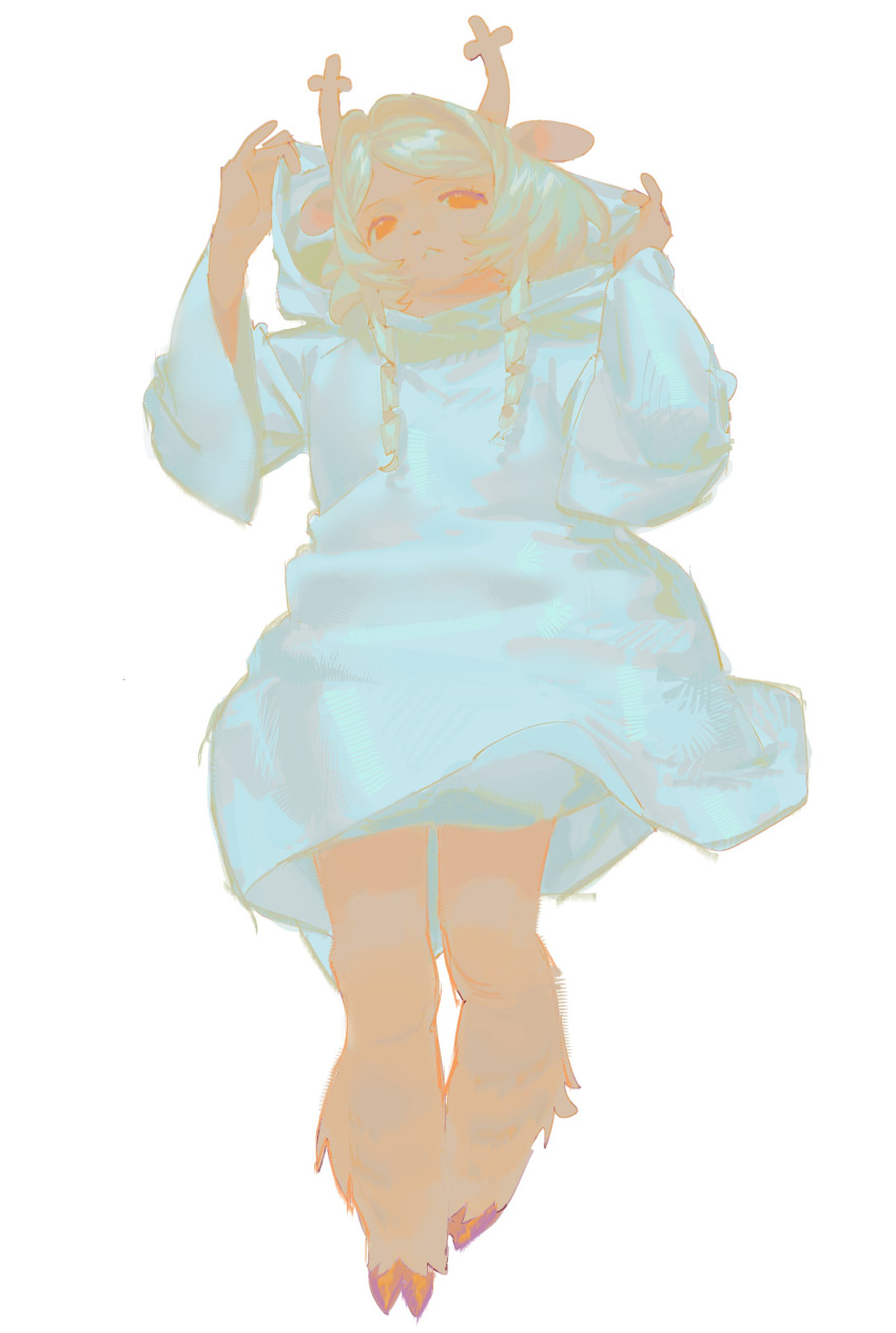 1girl, absurdres, antlers, black_eyes, blonde_hair, brown_fur, commentary, curly_sidelocks
