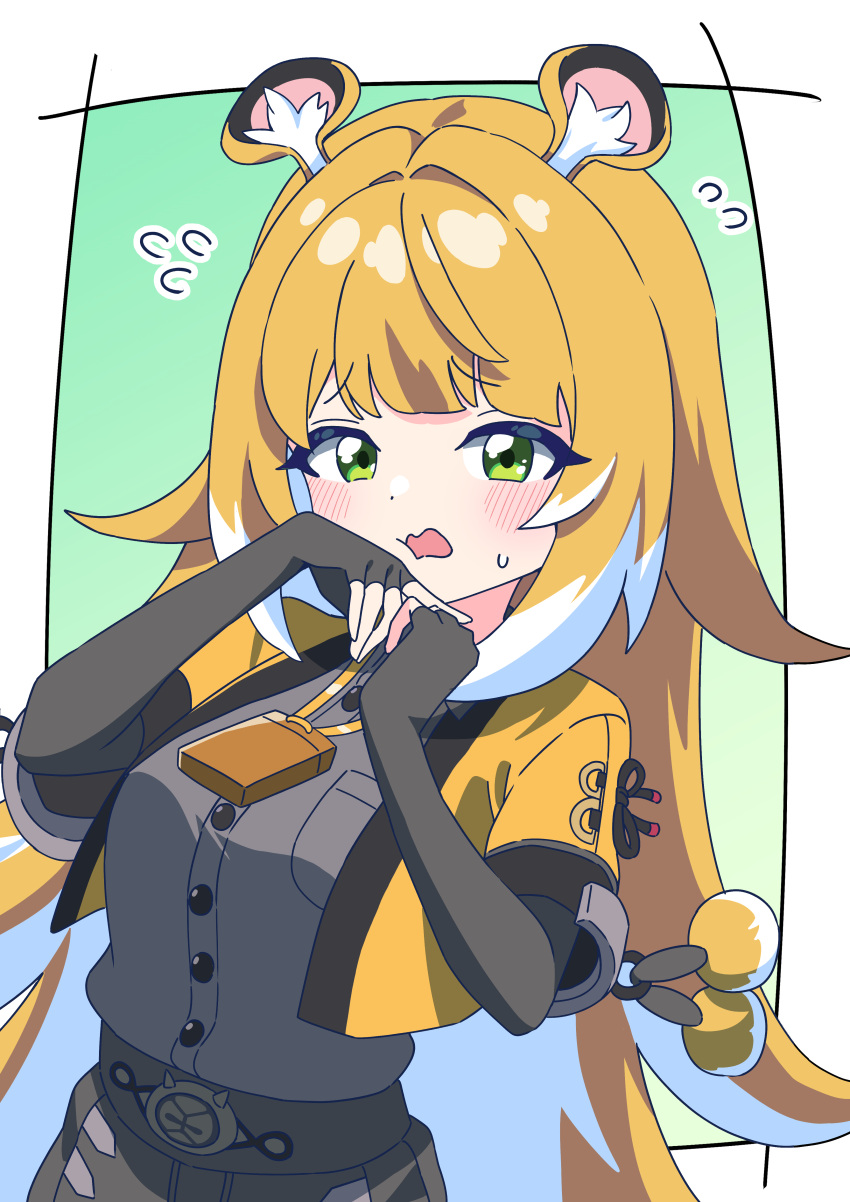 1girl, absurdres, animal_ears, black_gloves, black_shirt, blonde_hair, blush, cropped_jacket