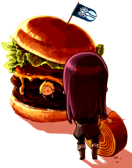 black_hair, blonde_hair, cake, chibi, flag, flynn_scifo, food, go_(uzo-muzo)