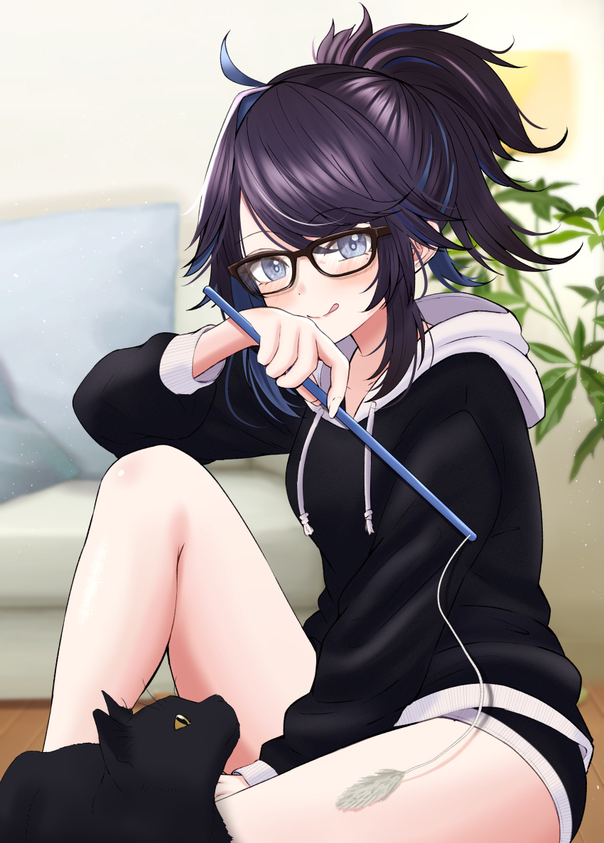 1girl, absurdres, ahoge, alternate_costume, black-framed_eyewear, black_cat, blue_eyes, blue_hair, cat, glasses, highres, indie_virtual_youtuber, kson, long_hair, looking_at_viewer, multicolored_hair, ponytail, purple_hair, riraranran, smile, solo, streaked_hair, tongue, tongue_out, virtual_youtuber