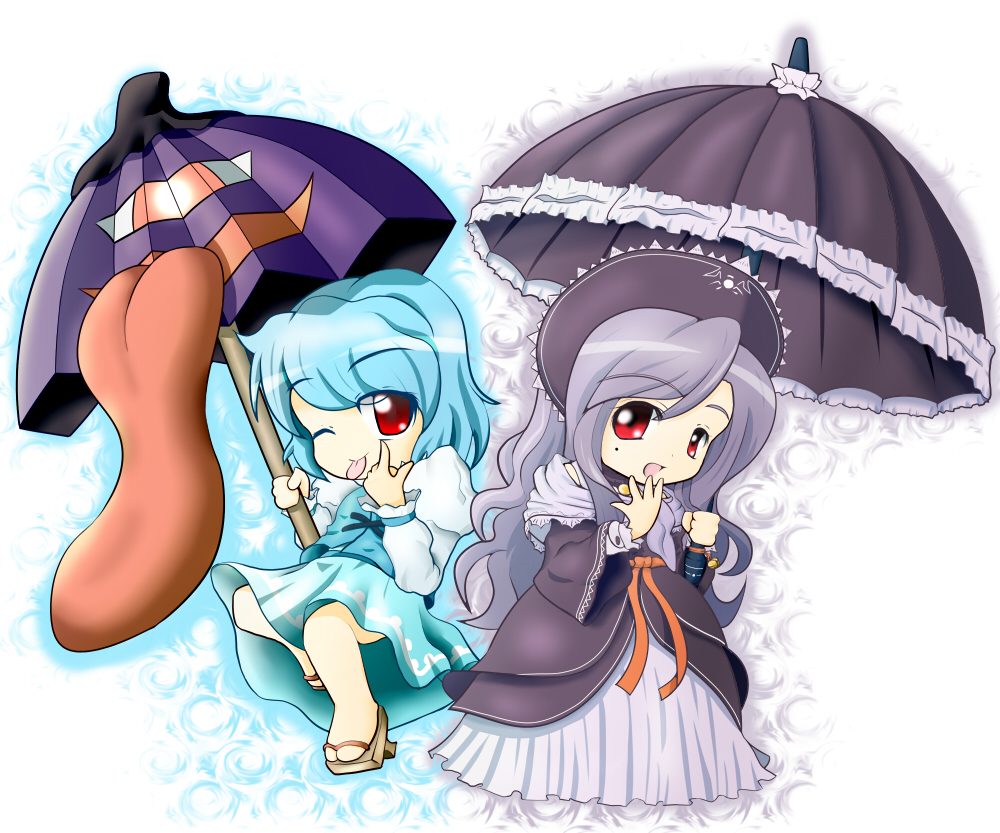 2girls, :d, :p, atelier, atelier_(series), blue_hair, chibi, dress