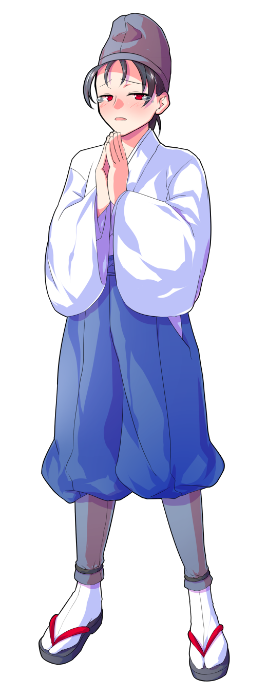 1boy, alphes_(style), black_hair, blue_pants, blush, commentary_request, dairi, full_body