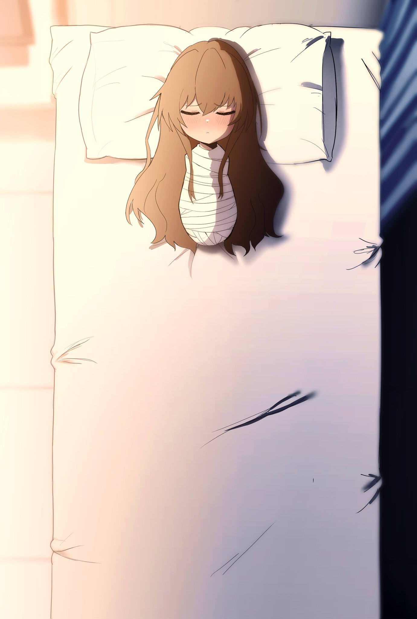 1girl, aisaka_taiga, alaniz_(lafertealanis), bandages, bed, brown_hair, closed_eyes, closed_mouth