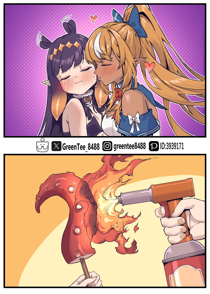 2girls, absurdres, blush, breasts, closed_eyes, closed_mouth, dark_elf, elf