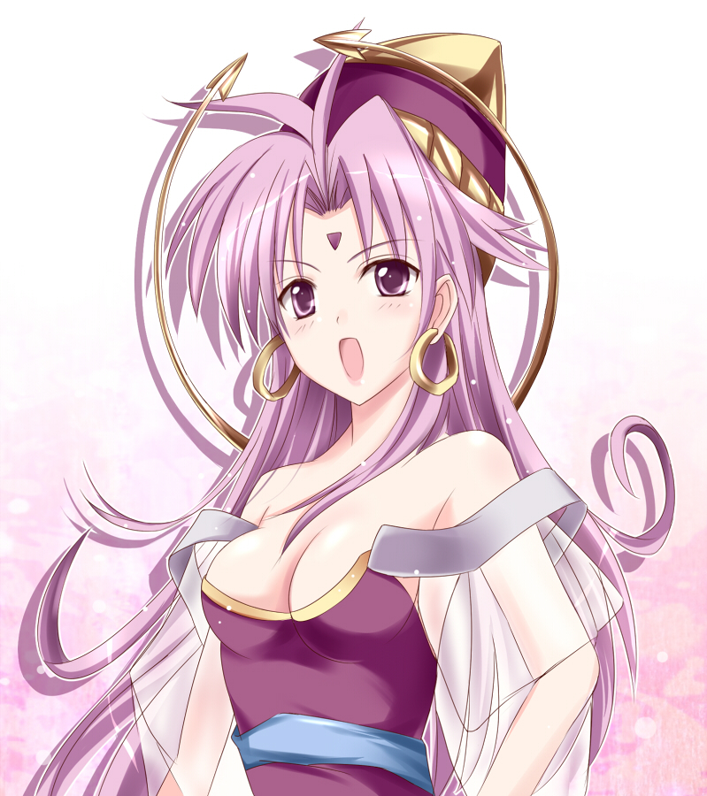 :o, bangs, bare_shoulders, breasts, cape, celine_jules, cleavage, earrings, facial_mark, forehead_mark, halo, hat, jewelry, long_hair, open_mouth, parted_bangs, purple_eyes, purple_hair, see-through, shizufa, solo, star_ocean, star_ocean_the_second_story, violet_eyes, witch