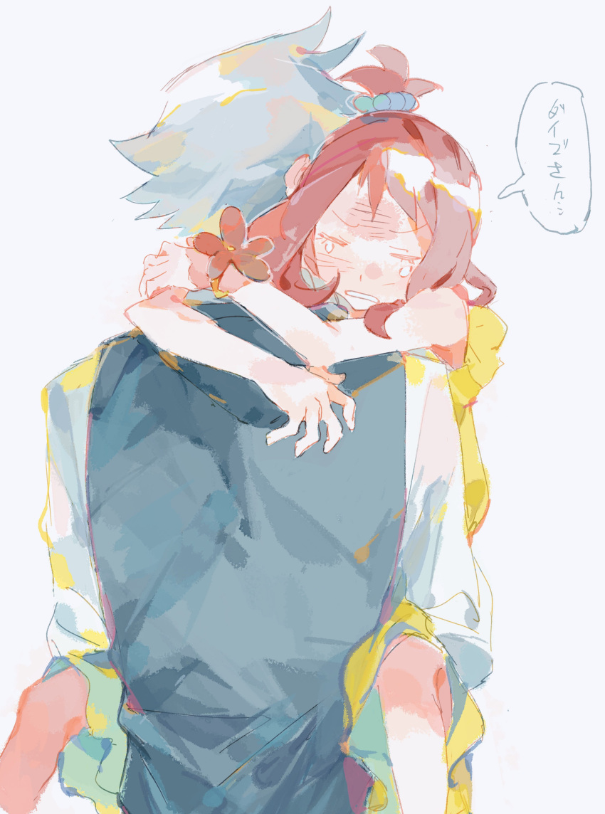 1boy, 1girl, absurdres, blue_hair, bracelet, brown_hair, carrying, ciuchviicuq