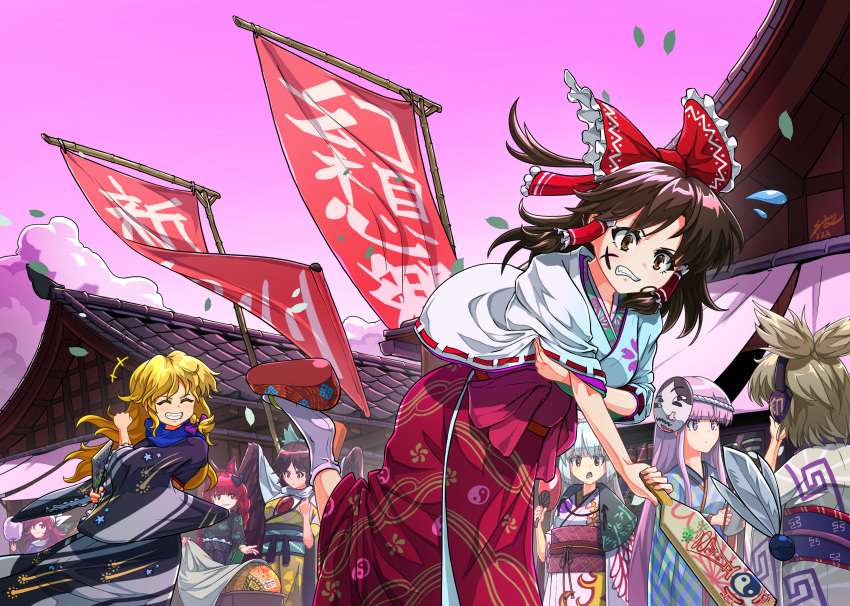 +++, 6+girls, absurdres, alternate_costume, architecture, banner, black_kimono, black_wings