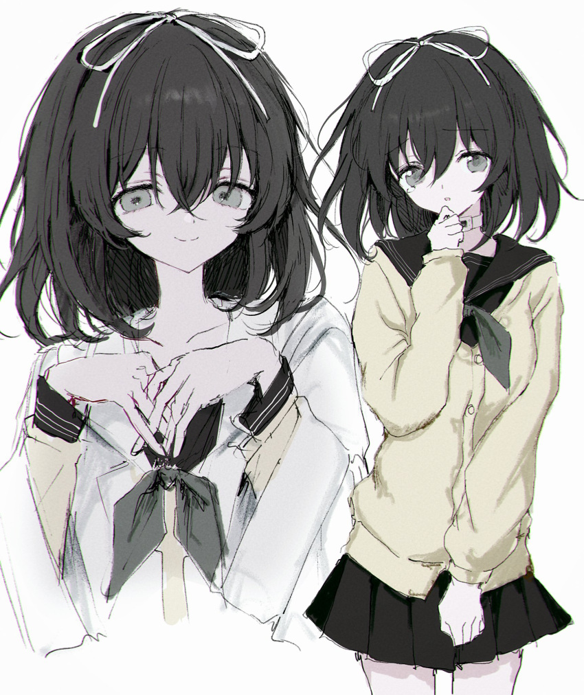 1girl, black_hair, black_sailor_collar, black_skirt, cardigan, choker, coat, euphoria_(clockup)