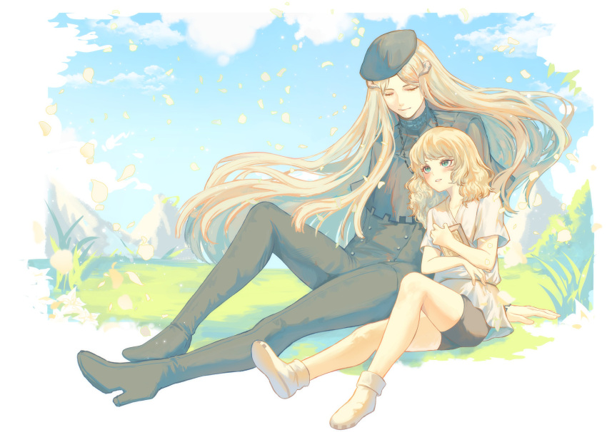 2boys, absurdres, age_difference, aged_down, aqua_eyes, beret, black_hat, black_pants