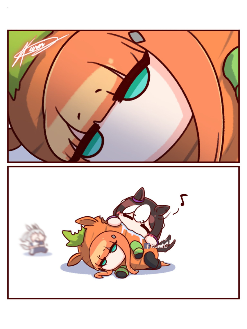 3girls, animal_ears, bite_mark, blush, brown_hair, carrot, carrot_costume, closed_eyes, closed_mouth, costume, drooling, eating, glutton, grey_hair, happy, highres, horse_ears, horse_girl, horse_tail, jacket, kasamatsu_tracen_training_uniform, kuroij, long_hair, long_sleeves, midriff, mouth_drool, multicolored_hair, multicolored_jacket, multiple_girls, navel, oguri_cap_(umamusume), orange_hair, pants, pantyhose, running, saliva, short_hair, silence_suzuka_(umamusume), smile, solo, special_week_(umamusume), tail, track_jacket, track_pants, track_suit, two-tone_hair, umamusume, white_hair